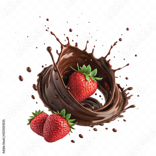 abstract 3d chocolate splash into strawberry in round style isolated on a white background