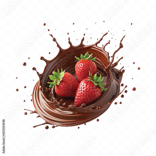 abstract 3d chocolate splash into strawberry in round style isolated on a white background