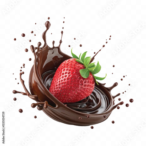abstract 3d chocolate splash into strawberry in round style isolated on a white background