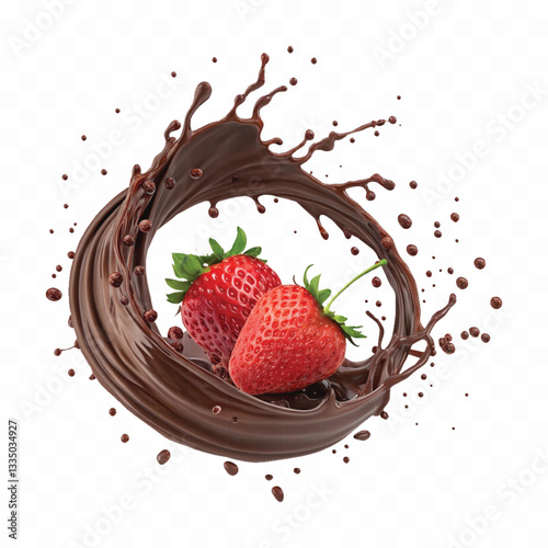 abstract 3d chocolate splash into strawberry in round style isolated on a white background