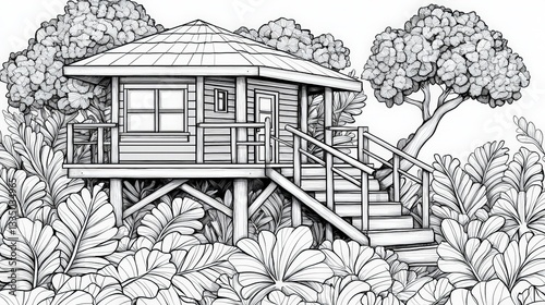Wallpaper Mural Cozy Wooden Cottage Surrounded by Tropical Foliage and Lush Greenery in a Serene Landscape Torontodigital.ca