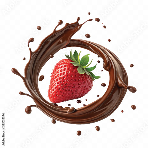 abstract 3d chocolate splash into strawberry in round style isolated on a white background