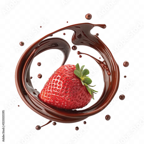 abstract 3d chocolate splash into strawberry in round style isolated on a white background