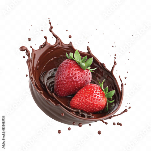 abstract 3d chocolate splash into strawberry in round style isolated on a white background