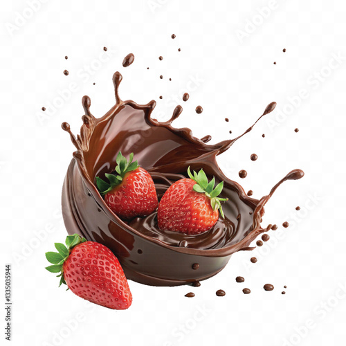 abstract 3d chocolate splash into strawberry in round style isolated on a white background