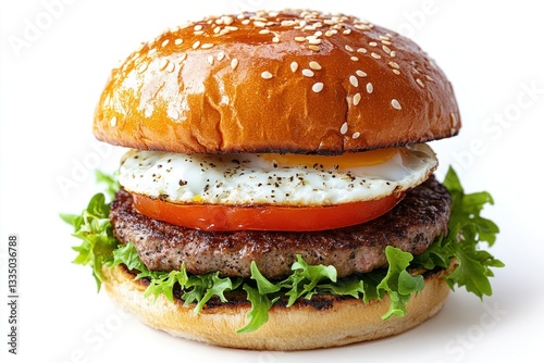 Wallpaper Mural Mouthwatering burger features a succulent beef patty topped with crisp lettuce, ripe tomato, and a fried egg in an appetizing bun Torontodigital.ca