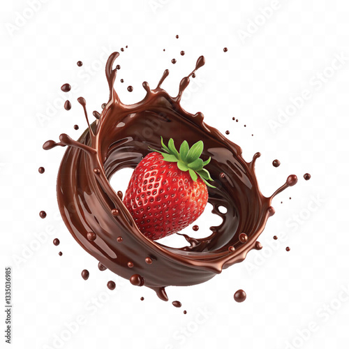 abstract 3d chocolate splash into strawberry in round style isolated on a white background