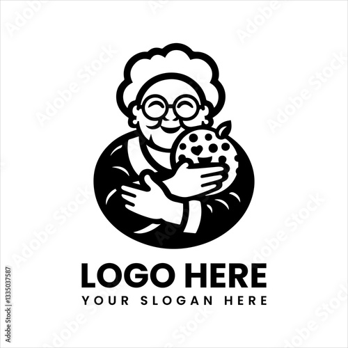 Minimalist grandma bakery logo, retro-inspired granny hugging cookies vector emblem
