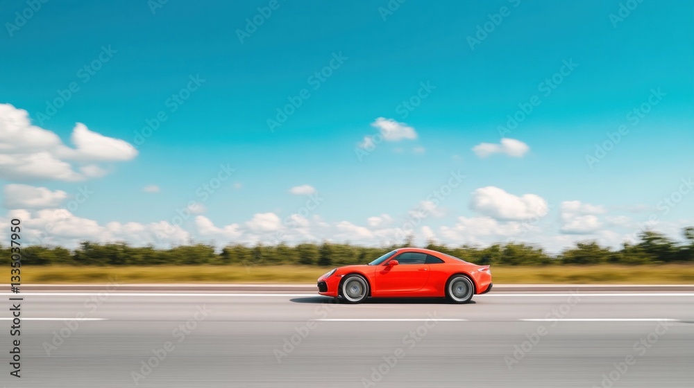 Fototapeta premium Red sports car on highway under clear blue sky with scenic landscape.