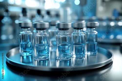 A set of gleaming silver vials filled with clear liquid is arranged neatly on a stainless steel tray in a modern laboratory environment