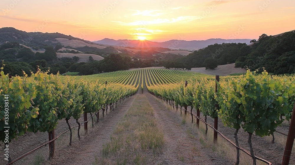 Fototapeta premium A peaceful vineyard at sunset, with rows of grapevines stretching toward the horizon.