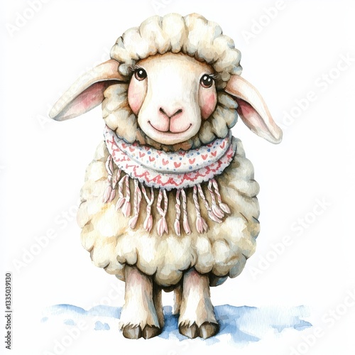 A cute sheep wearing a colorful scarf stands in a snowy setting, showcasing a charming and whimsical illustration style.