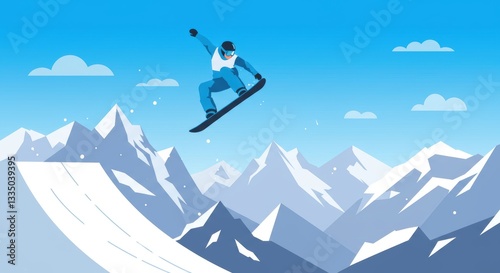Snowboarder performing trick in snowy mountain landscape with blue sky