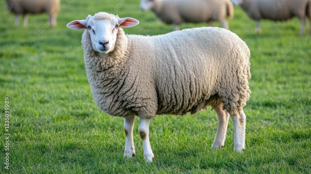 A single sheep stands in a green grassy field looking forward A single sheep stands in a green grassy field looking forward