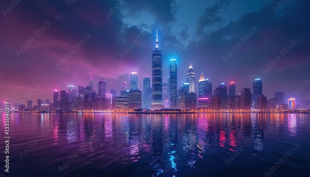 Obraz premium Futuristic city skyline illuminated with neon lights reflects on water. Tall buildings, skyscrapers create impressive cityscape. Urban architecture destination at night. Modern business center.