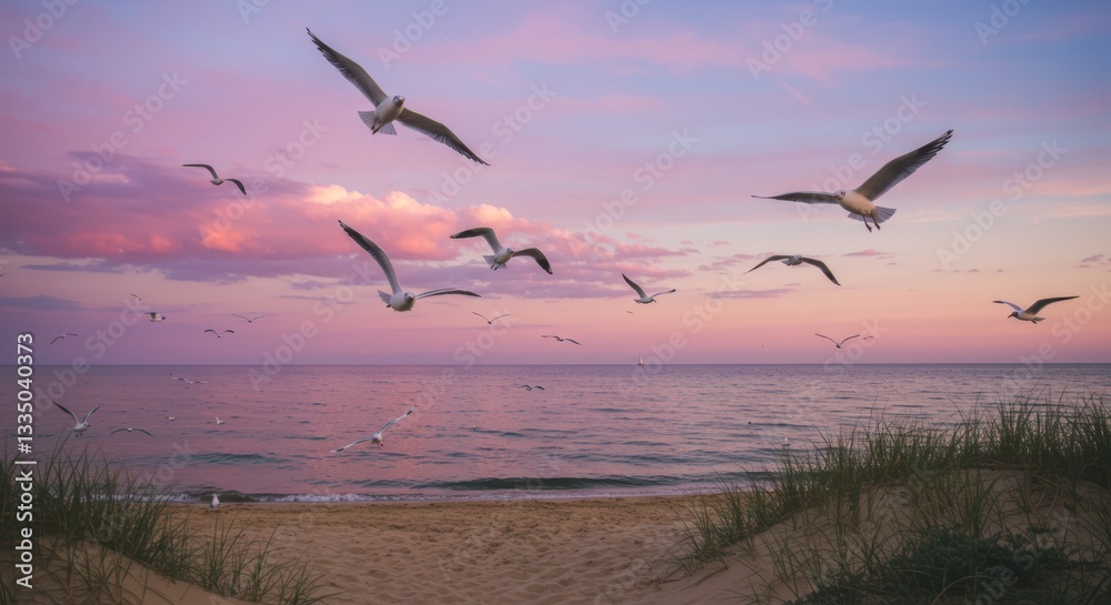 Fototapeta premium Serene seaside twilight: majestic seagulls in flight over tranquil ocean at sunset