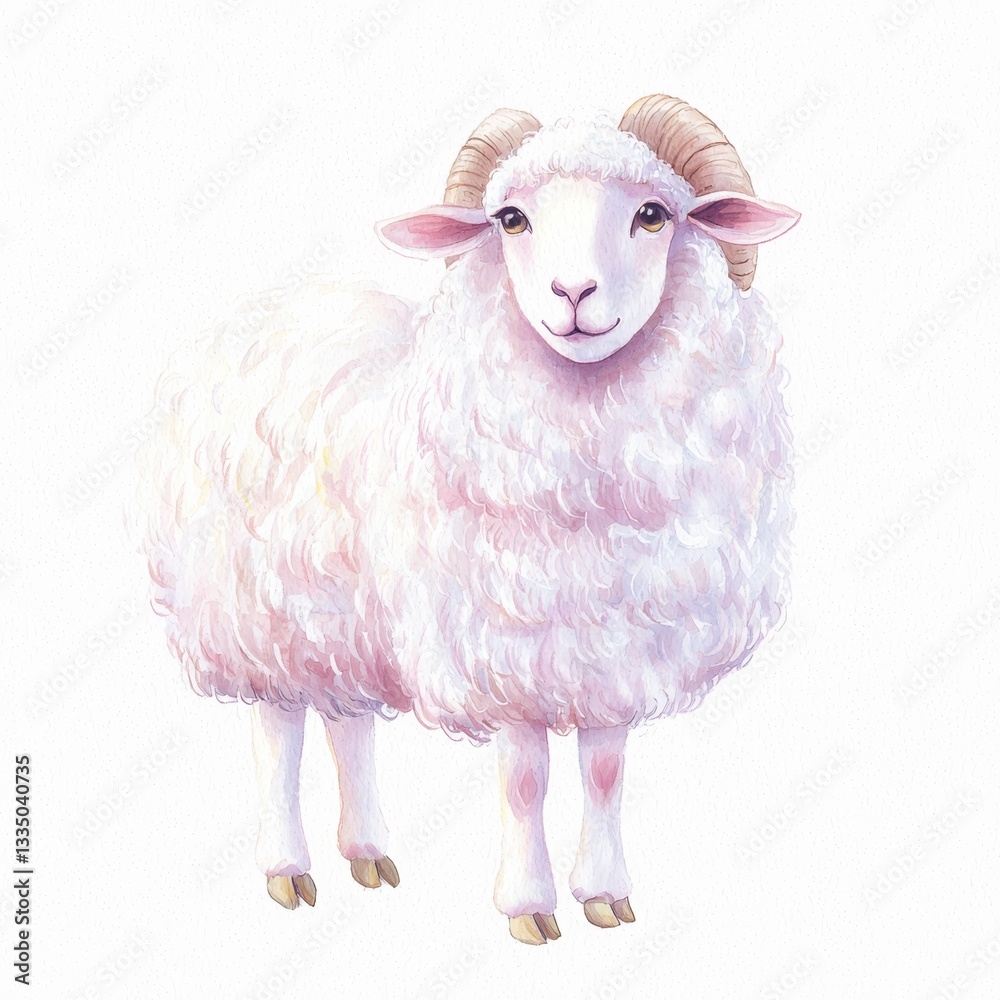 Fototapeta premium A cute, fluffy white sheep with curved horns stands confidently, showcasing its soft wool and friendly expression.