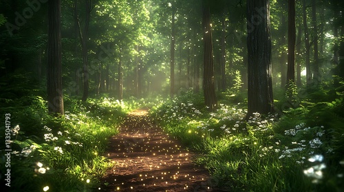 Sunlit forest path with glowing particles.