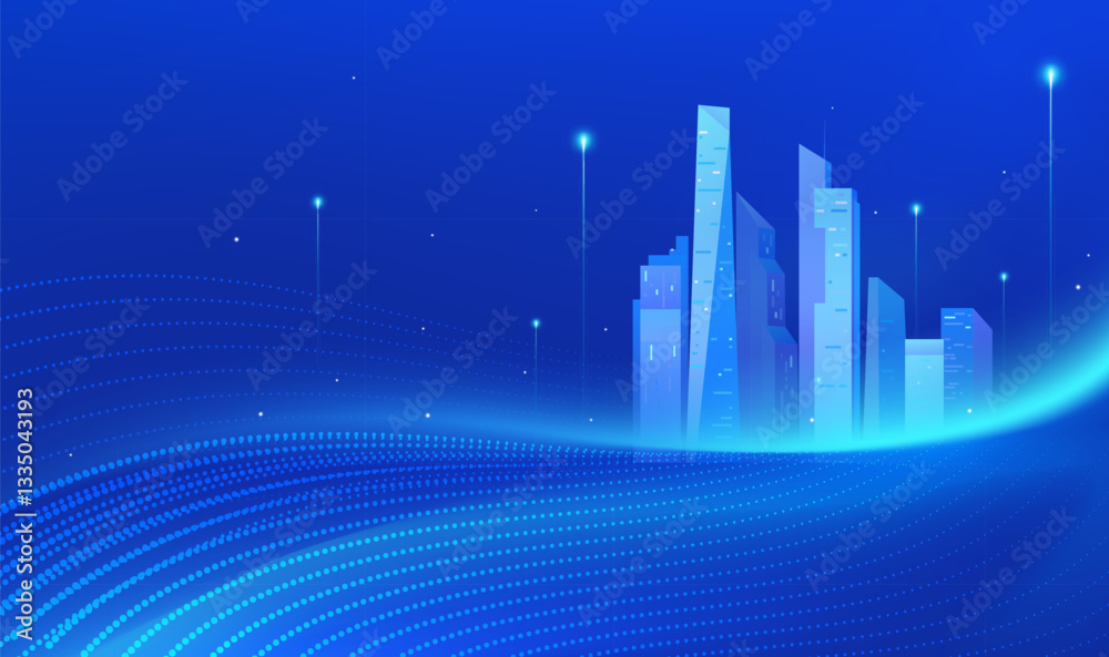 Technical horizontal illustrations abstract wavy lines and silhouettes of cities Technical horizontal illustrations abstract wavy lines and silhouettes of cities