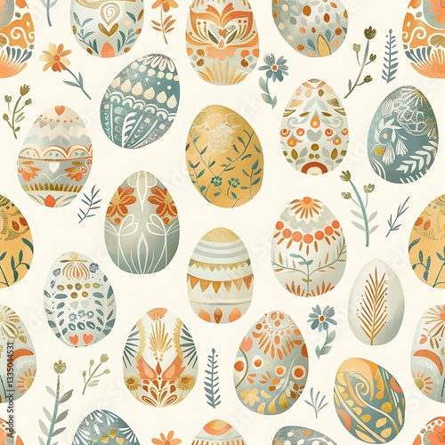 A seamless pattern featuring hand-drawn Easter eggs with intricate floral and geometric designs, arranged in a repeating layout with soft pastel colors on a light background.