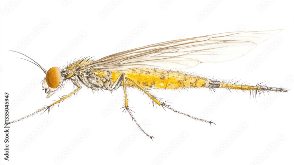 Detailed Illustration of a Yellow-bodied Nematocera Insect Detailed Illustration of a Yellow-bodied Nematocera Insect