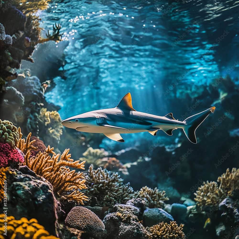 Fototapeta premium Shark swimming gracefully among vibrant coral reefs