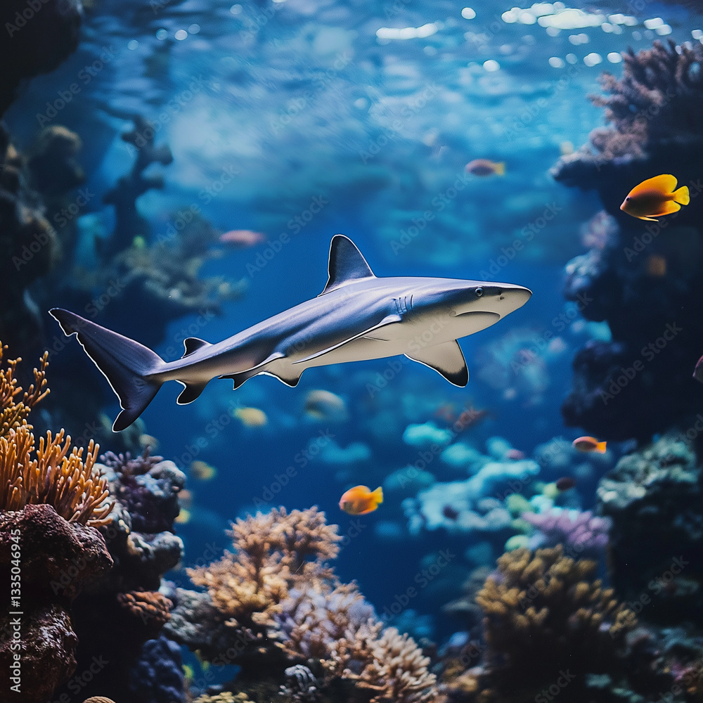 Fototapeta premium Shark swimming among coral reefs in underwater environment
