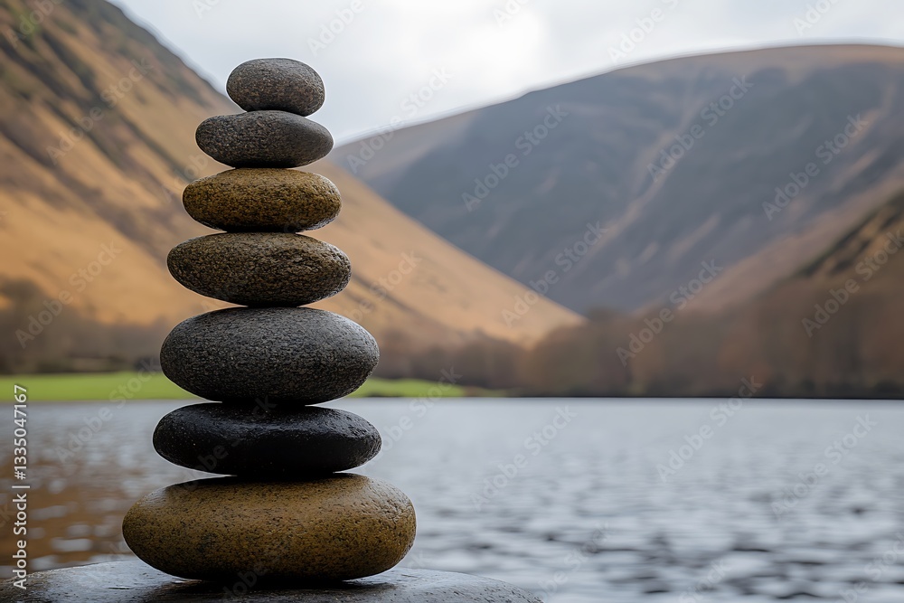 A stack of balanced stones sits next to a lake A stack of balanced stones sits next to a lake