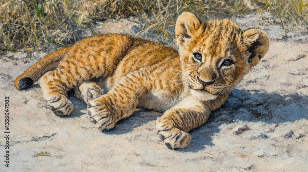 Fototapeta premium Cute Lion Cub Relaxing on Sandy Ground in Natural Habitat