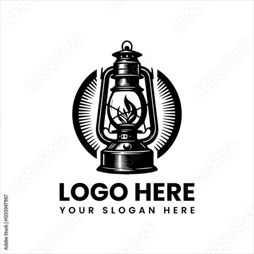 Minimalist kerosene lamp logo, retro oil lantern vector illustration with vintage aesthetic