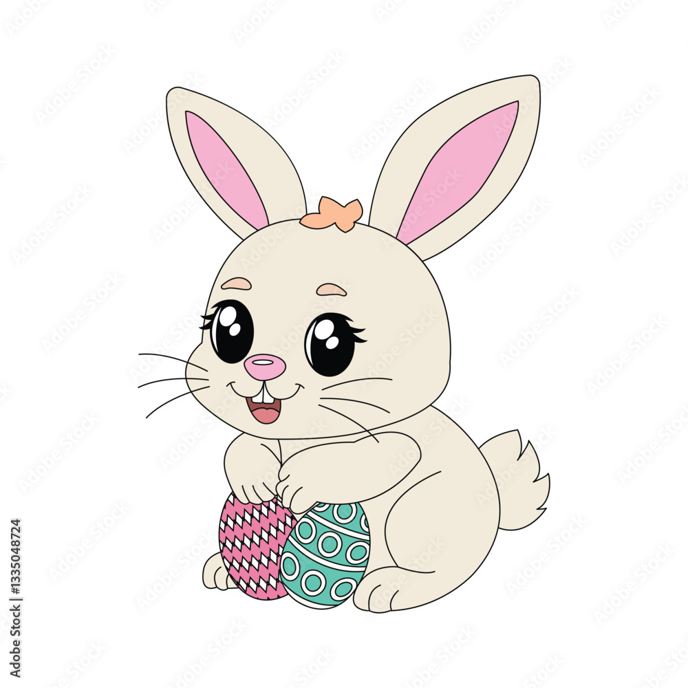 Obraz premium Isolated rabbit with Easter egg. Icon for stickers, print or embroidery. Vector illustration.