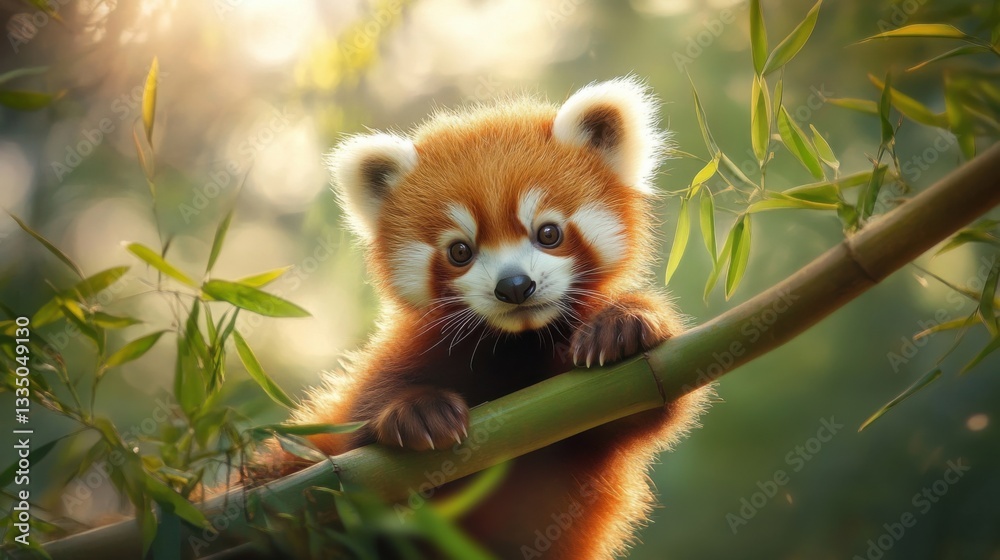 Fototapeta premium Cute red panda resting on bamboo branch in a serene forest setting