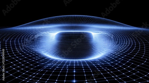 Glowing blue wireframe grid landscape illustrating a dip or a gravitational well.