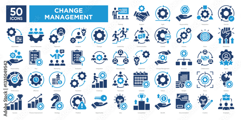 Fototapeta premium Change management icon collection set, including leadership, strategy, adaptation, teamwork, and process improvement. Ideal for presentations, infographics, and business materials.