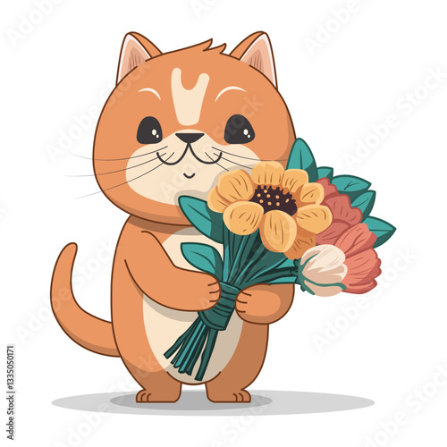 Red cat with a bouquet of flowers, holiday card. Vector, transparent background