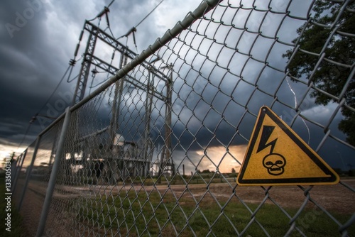 An ominous sky looms over a fenced electrical substation, highlighted by a warning sign indicating danger, capturing the tension between nature and technology.
