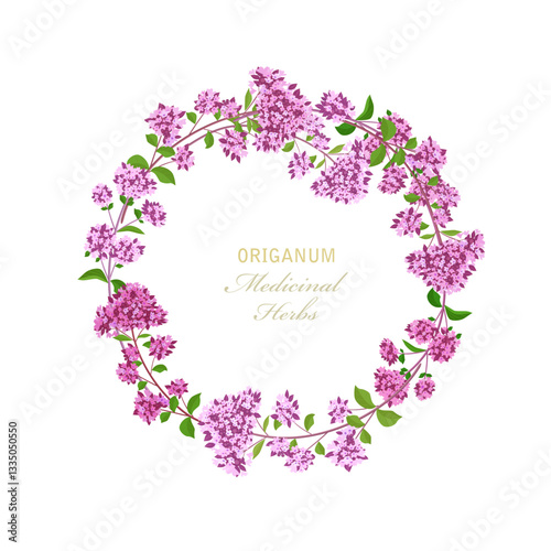 wreath of blooming origanum. card with round frame of Origanum vulgare herbs. circle border of wild marjoram flowers. oregano wildflowers