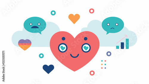 Sentiment Analysis A heartshaped graphic displaying various emotional icons happy sad angry confused being assessed by an AI brain showcasing how AI evaluates the sentiment of