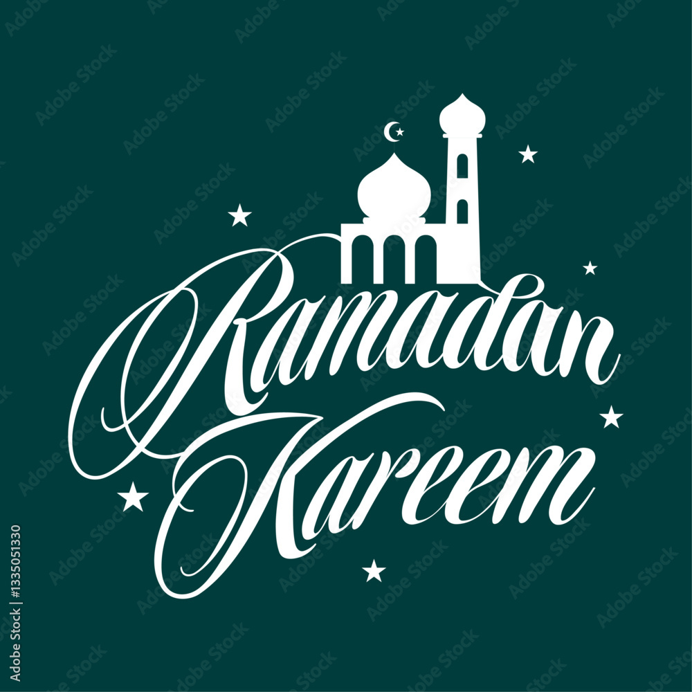 Φωτογραφία Minimalist Ramadan Kareem calligraphy on a green background, decorated with mosque and stars