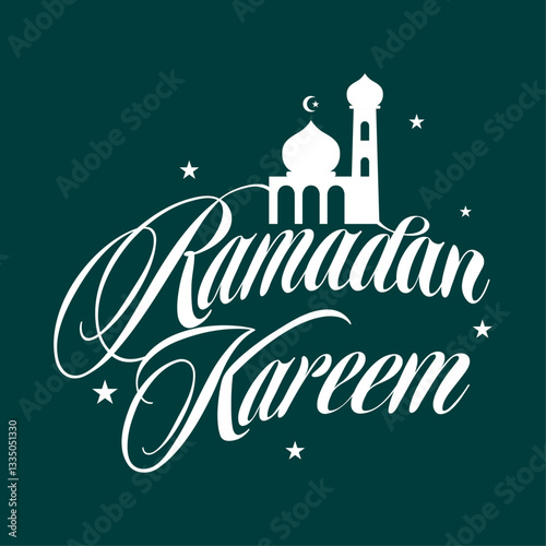 Minimalist Ramadan Kareem calligraphy on a green background, decorated with mosque and stars. Represents Islamic celebration, Eid greetings, Muslim holiday, Ramadan festival