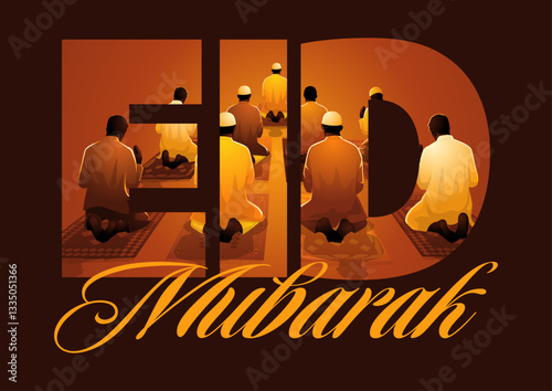 Eid Mubarak, featuring Muslim men praying inside the bold EID typography, illuminated with warm golden light. Represents Islamic faith, Eid celebrations, community prayers, and festive greetings