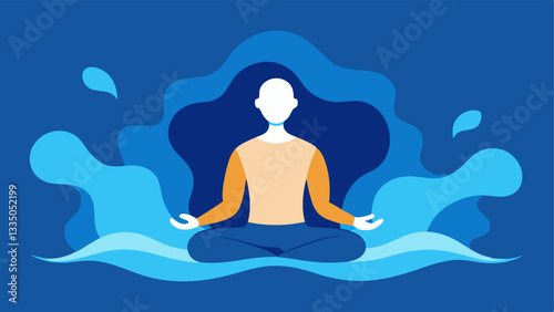 Mindfulness and Breathing A tranquil illustration of a character meditating in lotus position surrounded by calming waves. The peaceful environment showcases mindfulness strategies