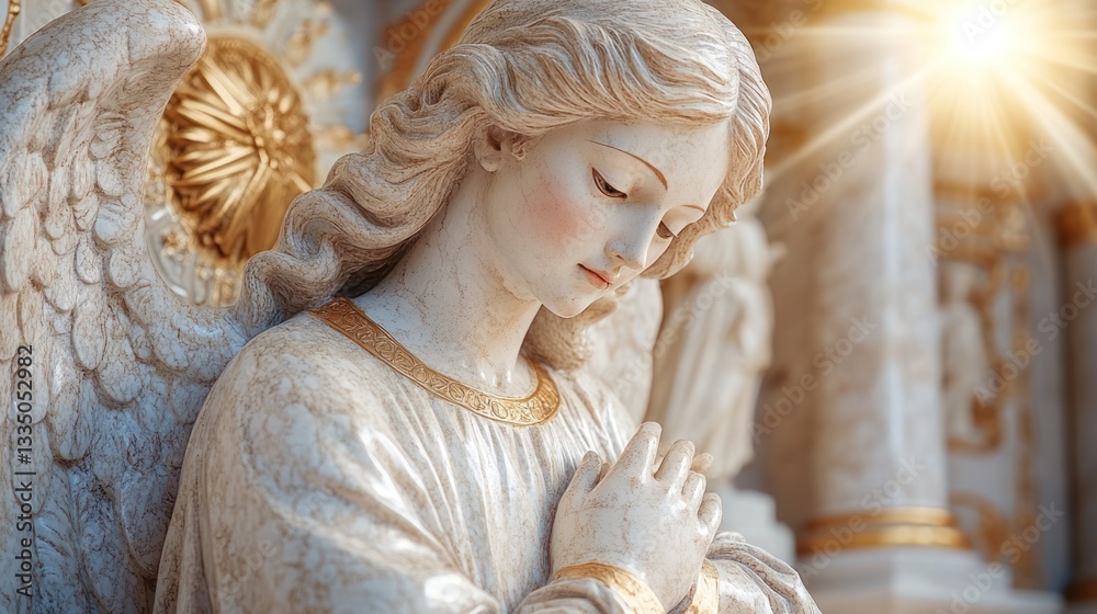 Naklejka premium Heavenly statue of angel with wings standing gracefully in serene garden at sunset