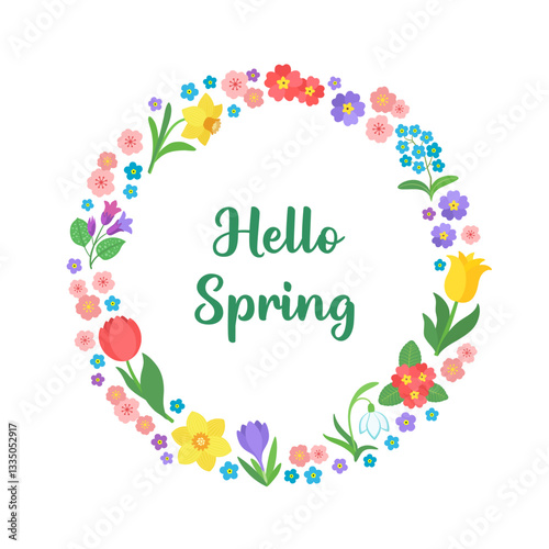Spring greeting cartoon flower wreath vector illustration. Circle frame floral border. Blooming garden plants - cherry blossom, tulip, daffodil. Bright design for hello spring card, label, poster.