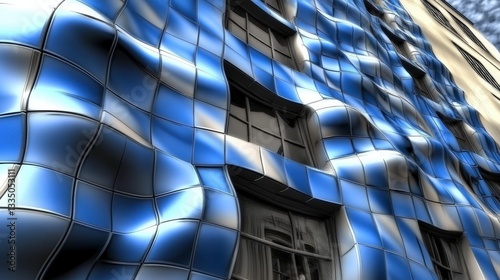 Abstract Modern Building Facade with Dynamic Blue Tiles