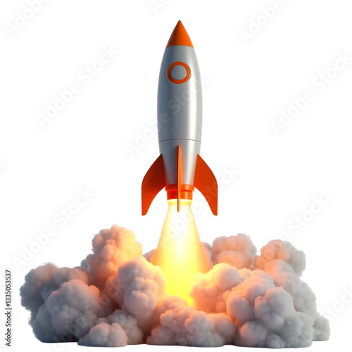 A stylized rocket launching with orange accents and smoke against a transparent  studio background