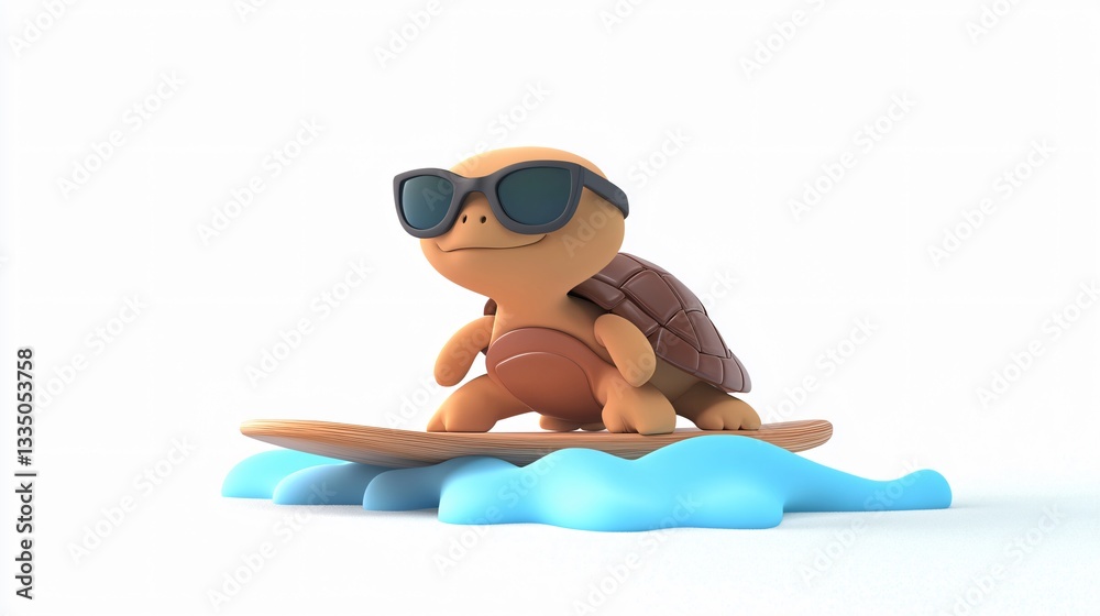 A cartoon turtle wearing sunglasses rides a surfboard on water waves. A cartoon turtle wearing sunglasses rides a surfboard on water waves.