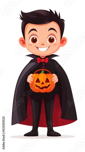 Smiling child dressed up as a vampire holding a carved pumpkin for halloween night, celebrating trick or treat tradition