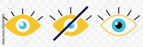 Set of 3 "Hide" icons with an unexpanded vector & 1 silhouette - Hide icon eye with line through it, action of concealing or hiding content represent hidden items. EPS 10.