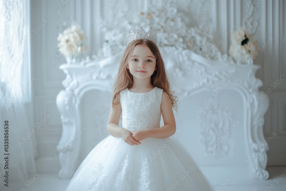 Charming young princess in a festive outfit and crown poses in a white classic apartment Childhood fantasies Fairy tales Charming young princess in a festive outfit and crown poses in a white classic apartment Childhood fantasies Fairy tales